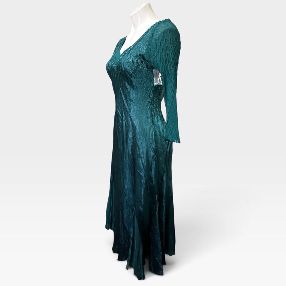 Komarov Midi Dress Beaded Neckline Teal Crinkle 3/4 Sleeve Womens M